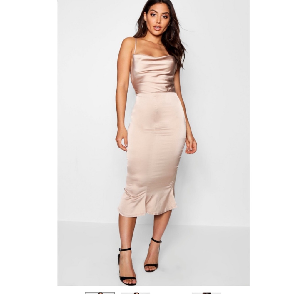 Satin Cowl Neck Lace Up Midi Dress